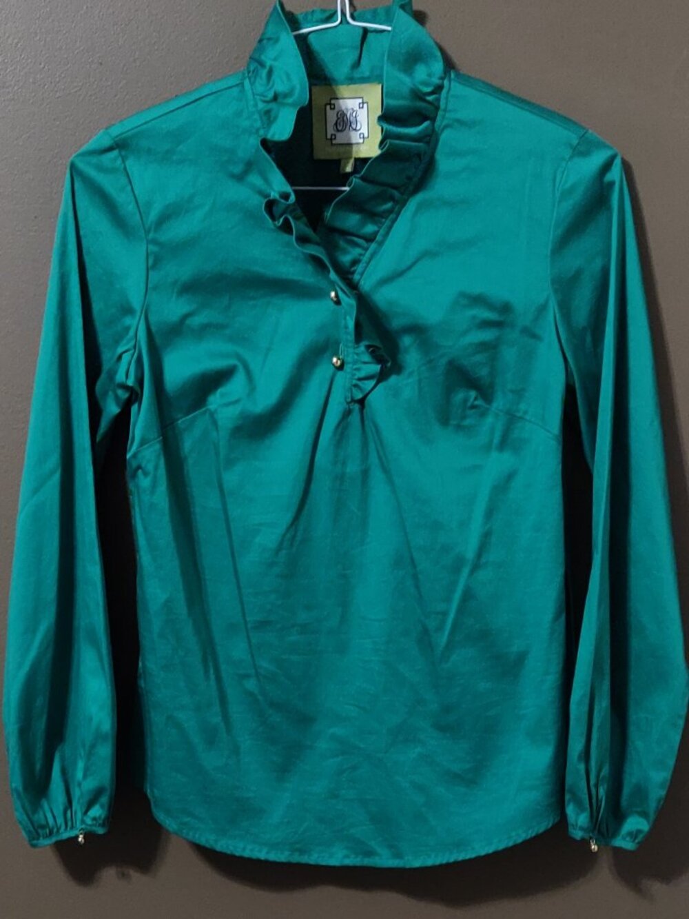 Elizabeth McKay Green Long Sleeve Ruffle Neck Elizabeth Top SIZE 4